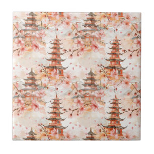 Watercolor Chinese Pagoda with Cherry Blossoms (1) Tile