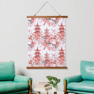 Watercolor Chinese Pagoda with Cherry Blossoms (3) Hanging Tapestry