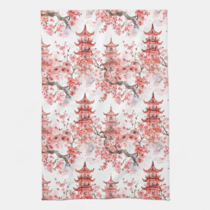 Watercolor Chinese Pagoda with Cherry Blossoms (3) Kitchen Towel