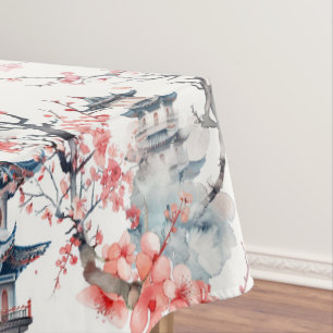 Watercolor Chinese Pagoda with Cherry Blossoms (4) Tablecloth