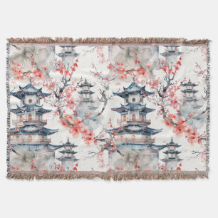 Watercolor Chinese Pagoda with Cherry Blossoms (4) Throw Blanket