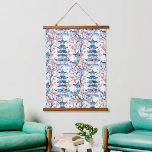 Watercolor Chinese Pagoda with Cherry Blossoms (5) Hanging Tapestry