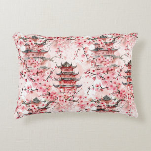 Watercolor Chinese Pagoda with Cherry Blossoms (7) Accent Pillow