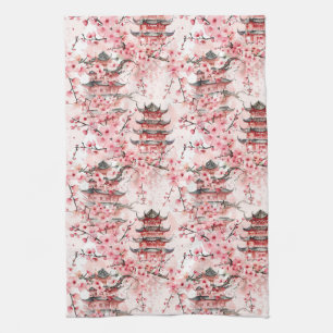 Watercolor Chinese Pagoda with Cherry Blossoms (7) Kitchen Towel