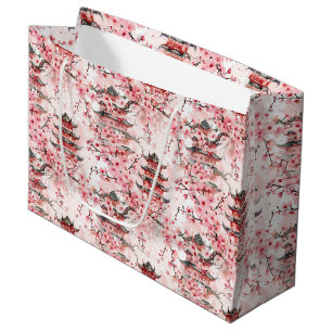Watercolor Chinese Pagoda with Cherry Blossoms (7) Large Gift Bag