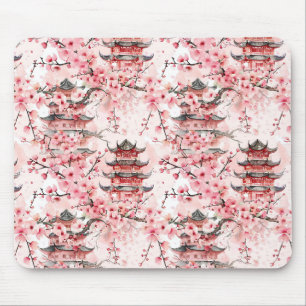 Watercolor Chinese Pagoda with Cherry Blossoms (7) Mouse Pad