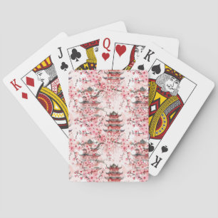 Watercolor Chinese Pagoda with Cherry Blossoms (7) Playing Cards
