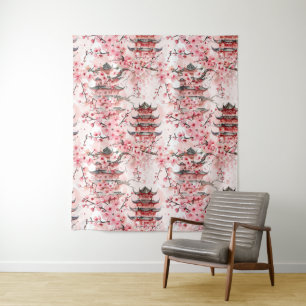 Watercolor Chinese Pagoda with Cherry Blossoms (7) Tapestry