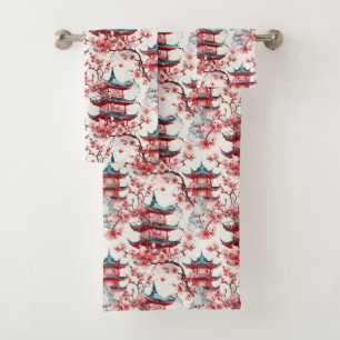 Watercolor Chinese Pagoda with Cherry Blossoms (8) Bath Towel Set