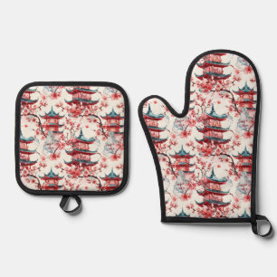 Watercolor Chinese Pagoda with Cherry Blossoms (8) Oven Mitt & Pot Holder Set