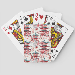 Watercolor Chinese Pagoda with Cherry Blossoms (8) Playing Cards