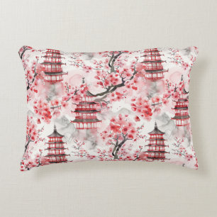 Watercolor Chinese Pagoda with Cherry Blossoms (9) Accent Pillow