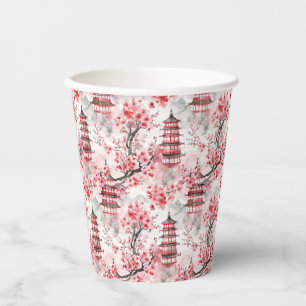 Watercolor Chinese Pagoda with Cherry Blossoms (9) Paper Cups