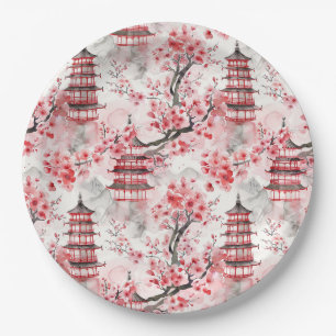 Watercolor Chinese Pagoda with Cherry Blossoms (9) Paper Plate