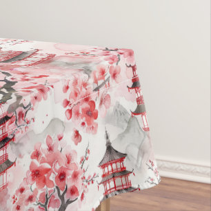Watercolor Chinese Pagoda with Cherry Blossoms (9) Tablecloth