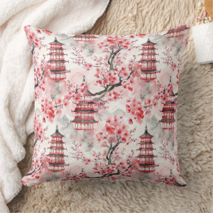 Watercolor Chinese Pagoda with Cherry Blossoms (9) Throw Pillow