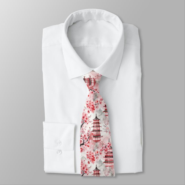 Watercolor Chinese Pagoda with Cherry Blossoms (9) Tie (Tied)