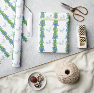 Watercolor Chinoiserie Blue Bow Garland Christmas Wrapping Paper