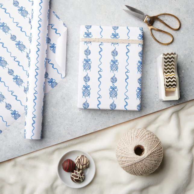 Watercolor Chinoiserie Blue Bow Garland Christmas Wrapping Paper (Crafts)
