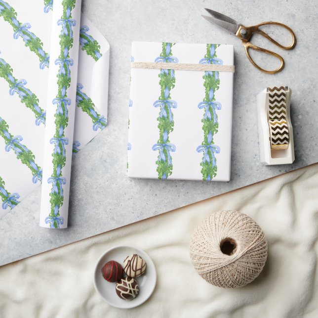 Watercolor Chinoiserie Blue Bow Garland Christmas Wrapping Paper (Crafts)