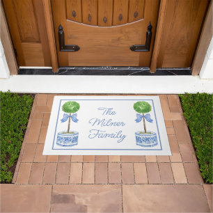 Watercolor Chinoiserie Blue Bow Topiary Doormat