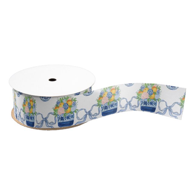 Watercolor Chinoiserie Blue Bows & Mandarins Grosgrain Ribbon (Spool)