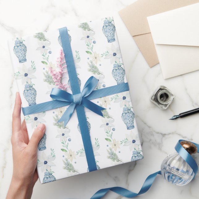 Watercolor Chinoiserie Blue Floral Ginger Jars Wrapping Paper (Gifting)