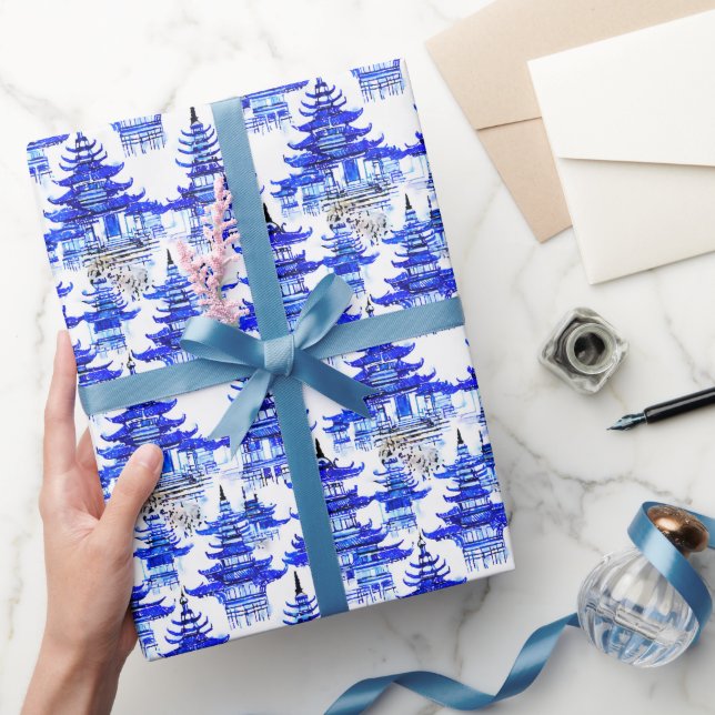 Watercolor Chinoiserie Blue Pagodas Wrapping Paper (Gifting)