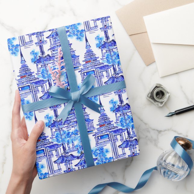 Watercolor Chinoiserie Blue Pagodas Wrapping Paper (Gifting)