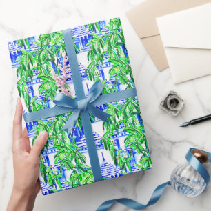 Watercolor Chinoiserie Blue Pagodas Wrapping Paper