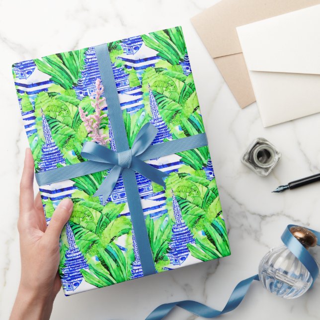 Watercolor Chinoiserie Blue Pagodas Wrapping Paper (Gifting)
