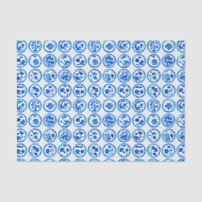 Watercolor Chinoiserie Blue Plates Pattern Tissue Paper (Front)