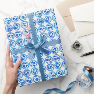 Watercolor Chinoiserie Blue Plates Pattern Wrapping Paper