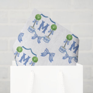 Watercolor Chinoiserie Blue Topiary Monogram Crest Tissue Paper