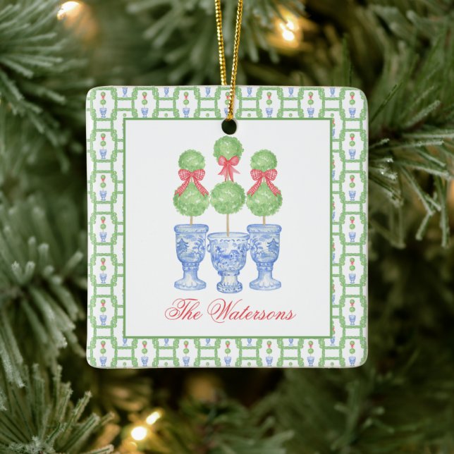 Watercolor Chinoiserie Christmas Bow Topiary Ceramic Ornament (Tree)