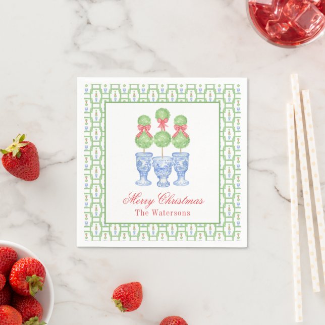 Watercolor Chinoiserie Christmas Bow Topiary Gift Napkin (Insitu)