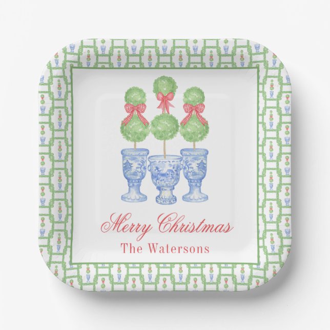 Watercolor Chinoiserie Christmas Bow Topiary Gift Paper Plate (Front)