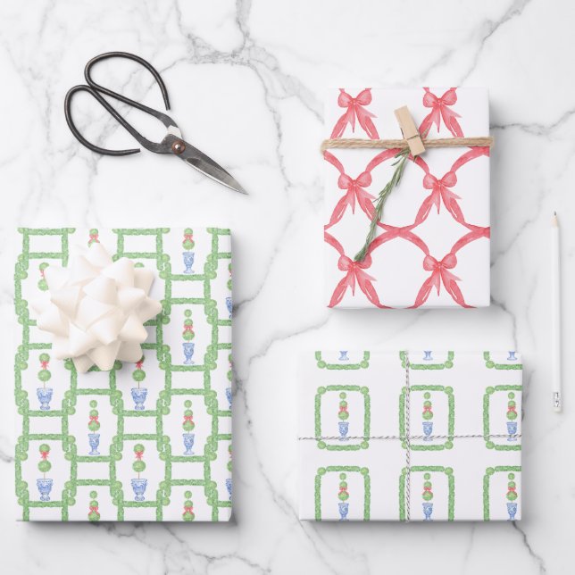 Watercolor Chinoiserie Christmas Bow Topiary Gift Wrapping Paper Sheet (Front)