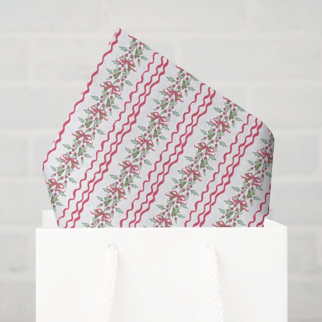 Watercolor Chinoiserie Christmas Red Bow Mistletoe Tissue Paper (Gift Bag)