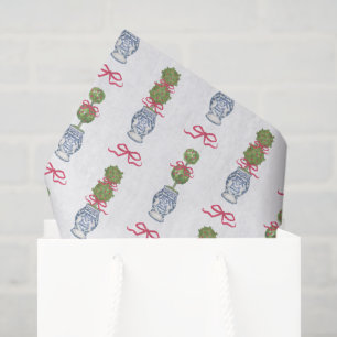 Watercolor Chinoiserie Christmas Red Bow Topiary Tissue Paper