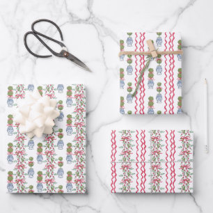 Watercolor Chinoiserie Christmas Red Bow Topiary Wrapping Paper Sheet