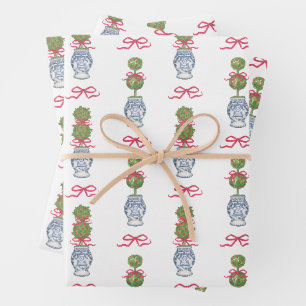 Watercolor Chinoiserie Christmas Red Bow Topiary Wrapping Paper Sheet