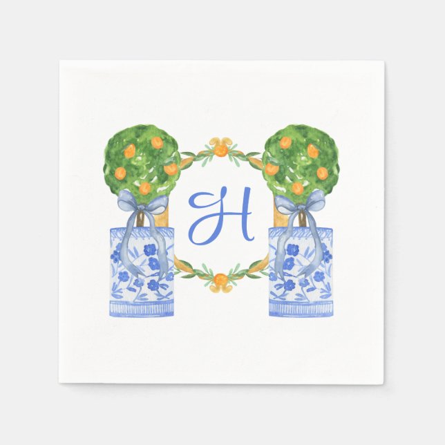 Watercolor Chinoiserie Citrus Topiary Monogram Napkin (Front)