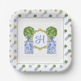 Watercolor Chinoiserie Citrus Topiary Monogram Paper Plate