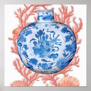 Watercolor Chinoiserie Ginger Jar and Coral Poster
