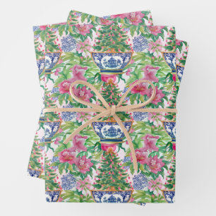 Watercolor Chinoiserie Ginger Jar Christmas Tree Wrapping Paper Sheet
