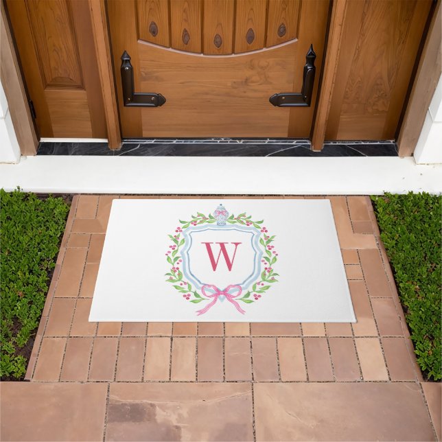 Watercolor Chinoiserie Ginger Jar Monogram Crest Doormat (Outdoor)