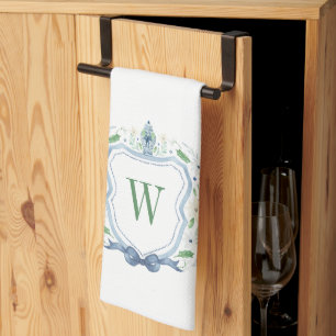Watercolor Chinoiserie Ginger Jar Monogram Crest Kitchen Towel