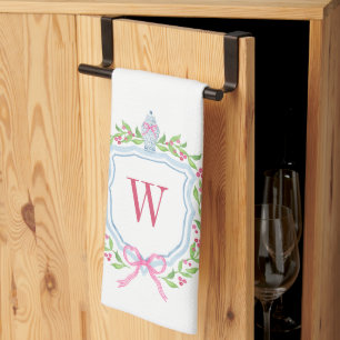 Watercolor Chinoiserie Ginger Jar Monogram Crest Kitchen Towel