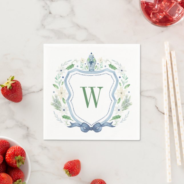 Watercolor Chinoiserie Ginger Jar Monogram Crest Napkin (Insitu)